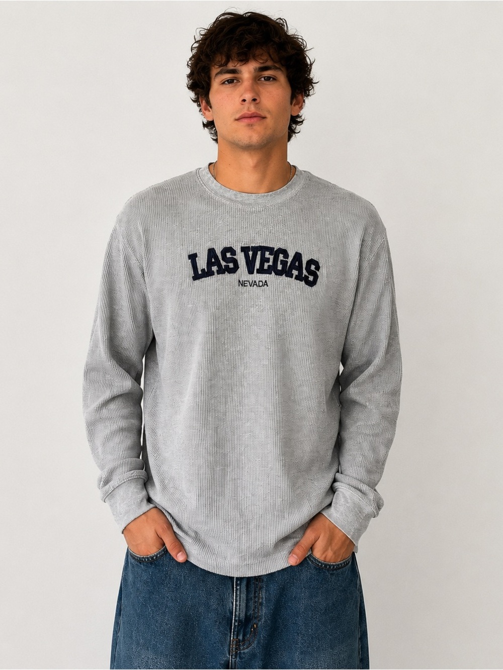 Las Vegas Nevada Waffle Knit Thermal Long Sleeve Shirt Men’s M Gray Medium